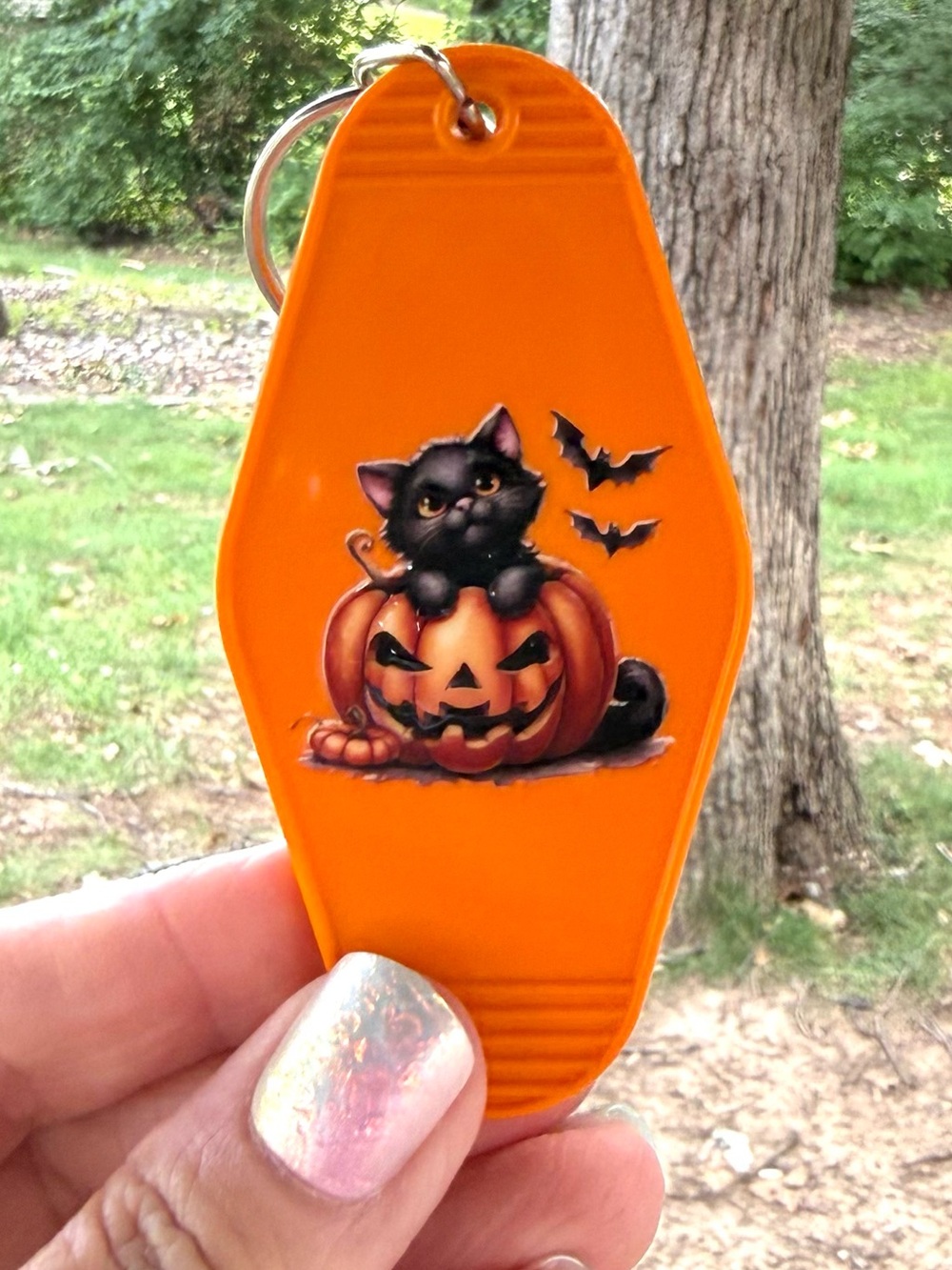 Vintage style motel key 3.5” keychain fall black cat Halloween-themed gift idea